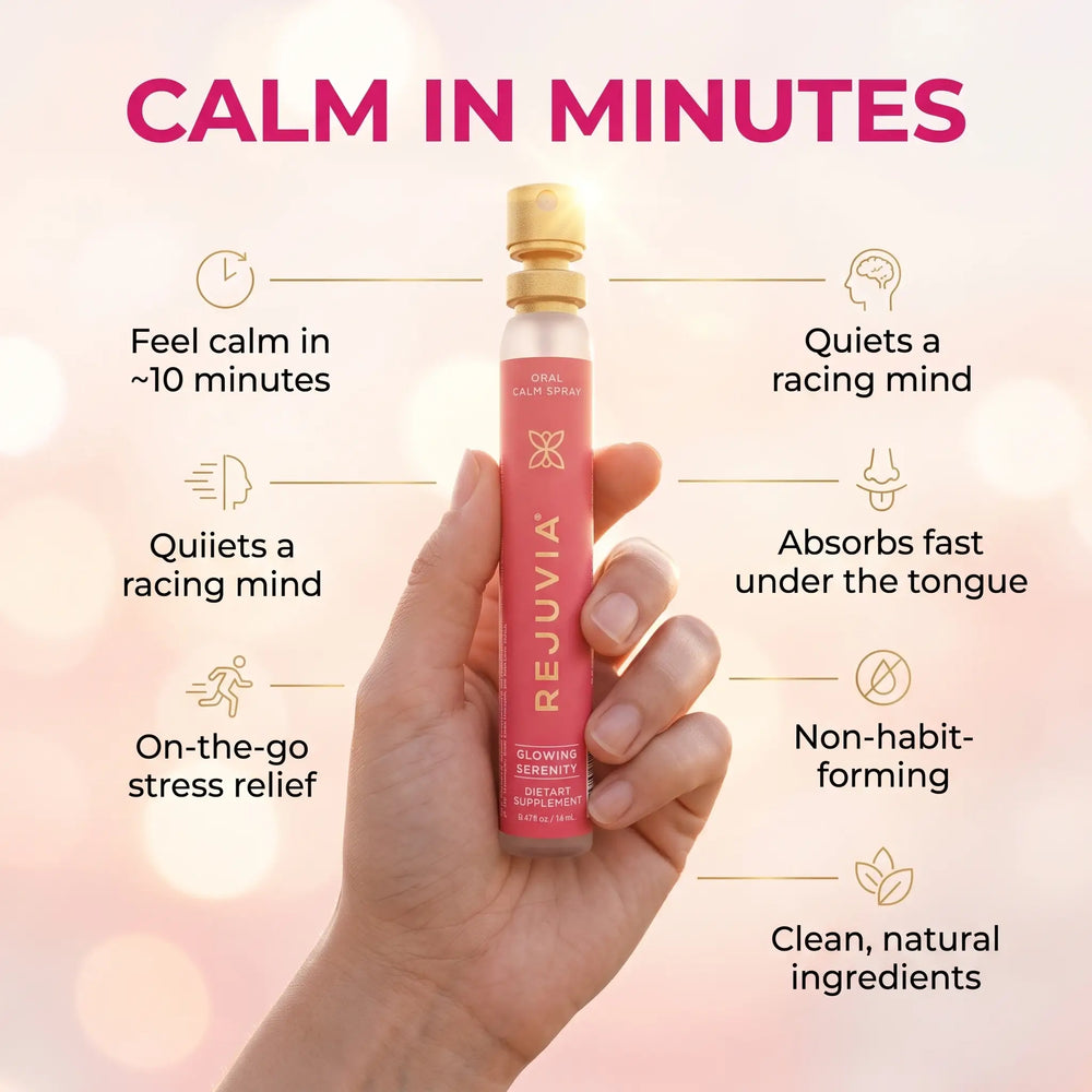 A hand holds a pink Reuvia Calm Minutes tincture bottle against a soft pink bokeh background with marketing text and icons describing stress relief benefits.