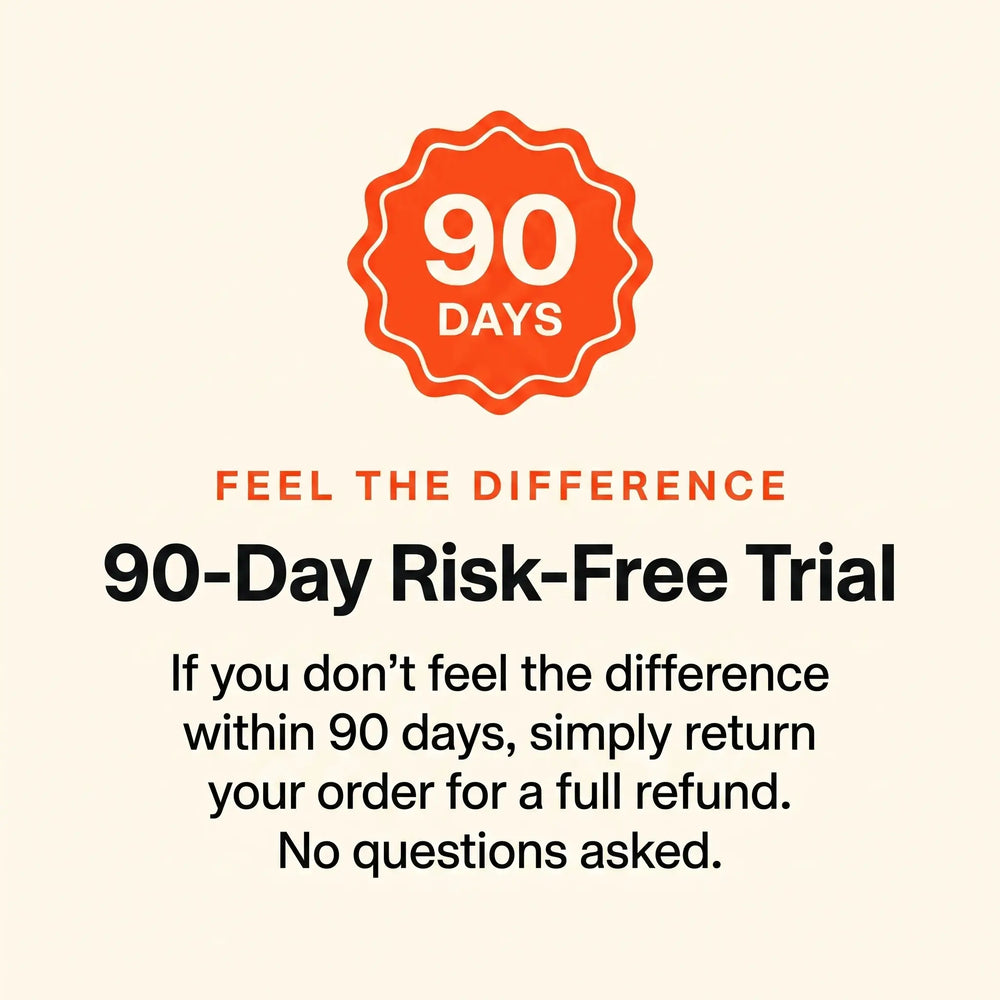 Promotional graphic for a 90-day risk-free trial, featuring an orange scalloped badge with '90 DAYS' and text on a light cream background.