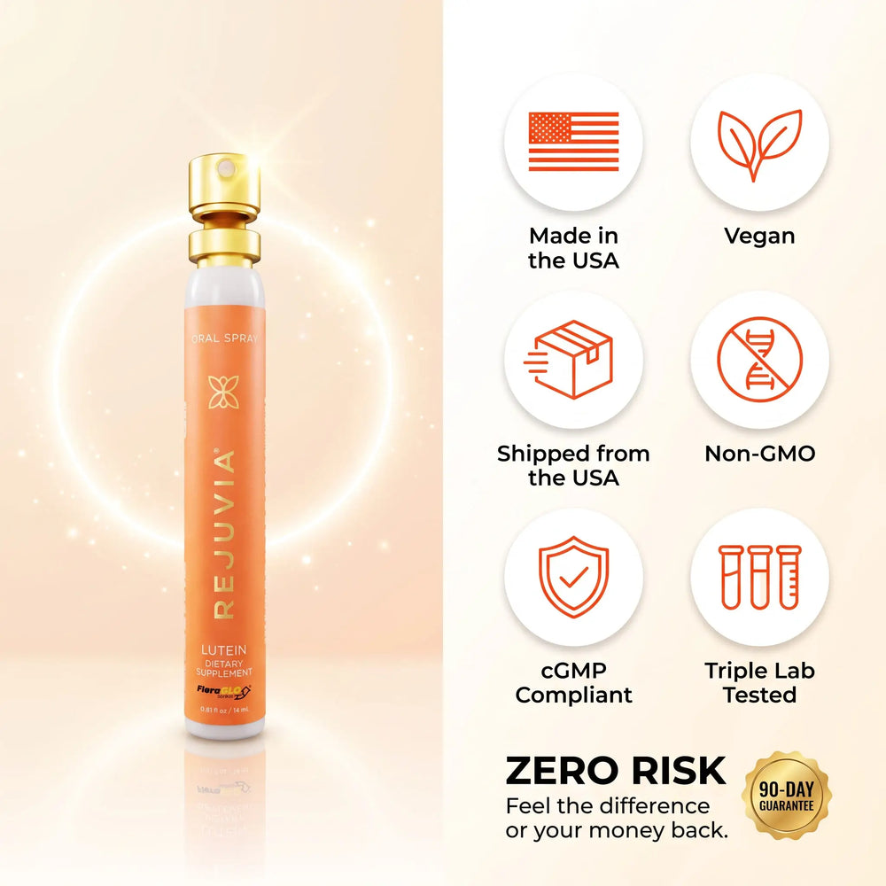 A bottle of REJUVIA oral spray shown on the left against a glowing light background, with feature icons on the right stating Made in the USA, Vegan, Shipped from the USA, Non-GMO, cGMP Compliant, Triple Lab Tested, and a 90-day guarantee badge.