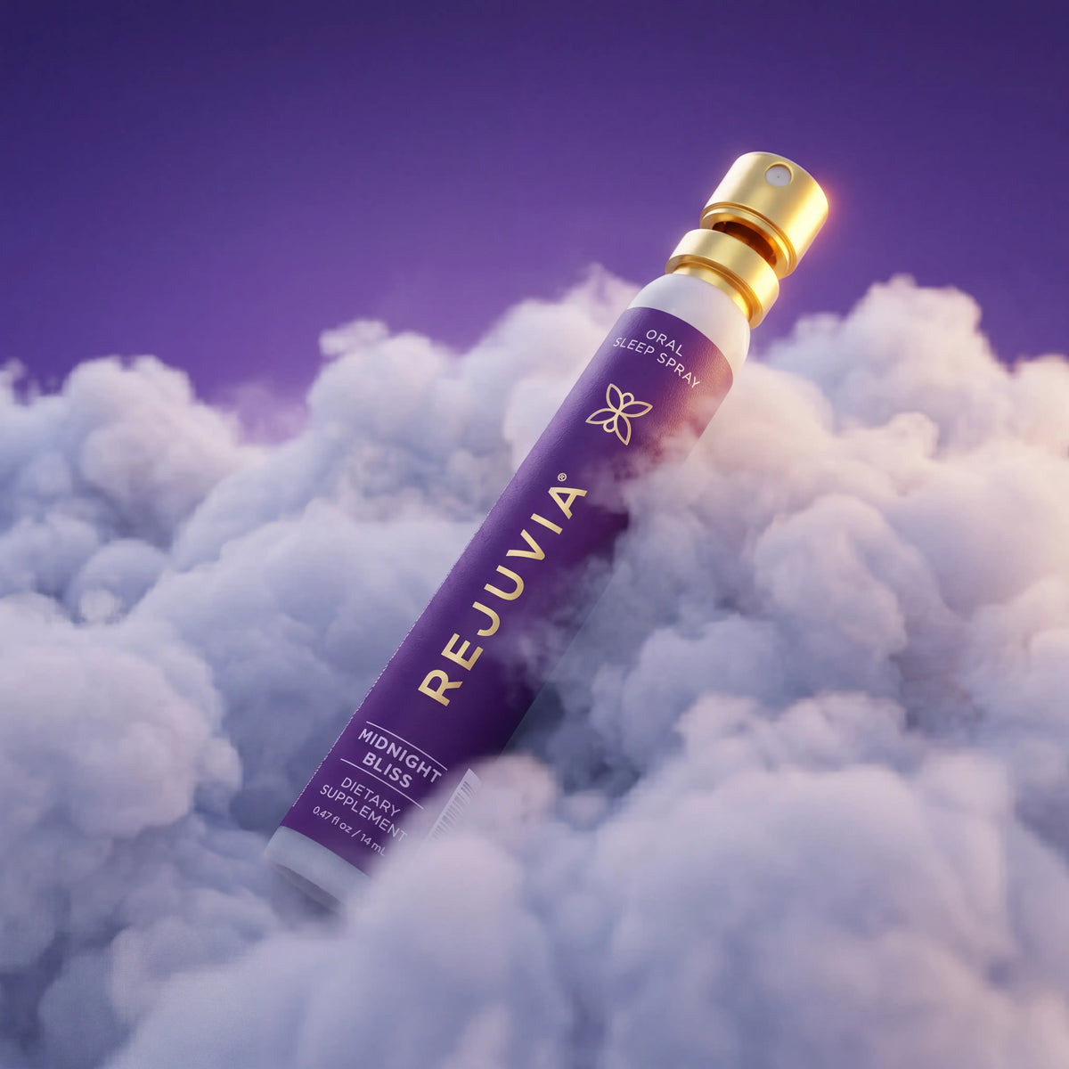 REJUVIA oral sleep spray bottle on a cloud background