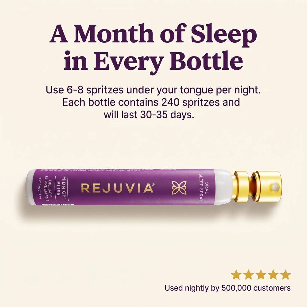 Rejuvia Sleep Spray: 240 sprays per bottle, about 30–35 nights at 6–8 sprays under the tongue