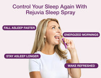 Woman using Rejuvia Sleep Spray with text highlighting benefits on a white background