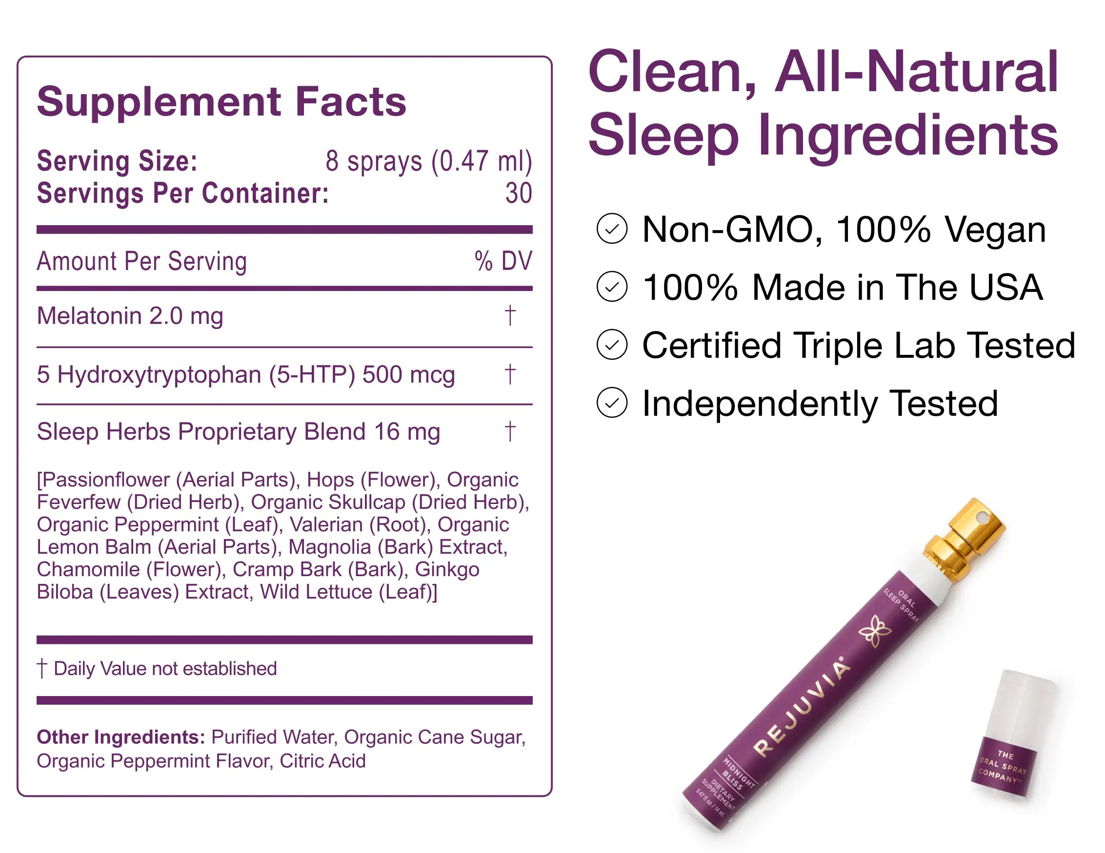 Supplement facts label and product packaging with 'Rejuvia' branding on a white background.