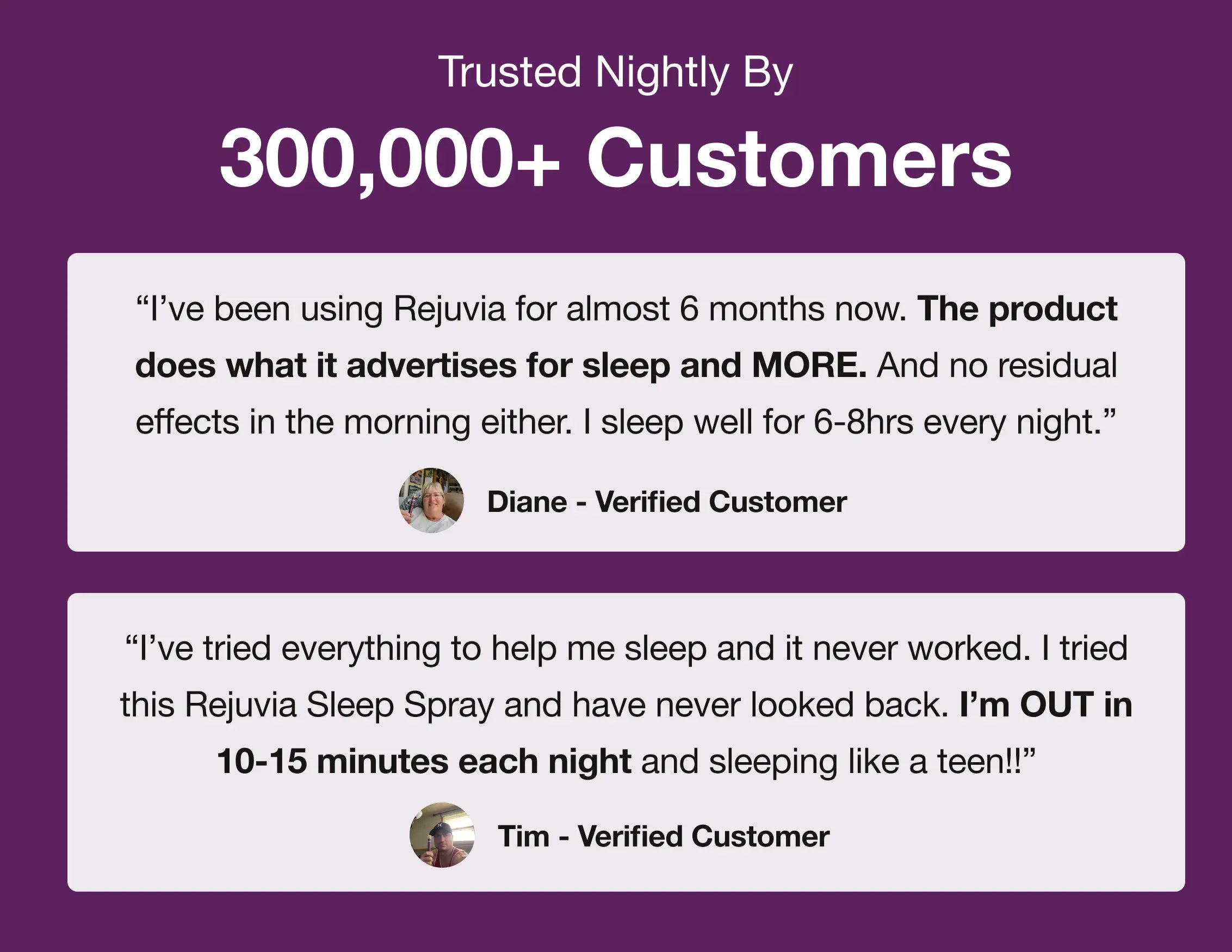 Product advertisement with customer testimonials on a purple background