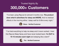Product advertisement with customer testimonials on a purple background