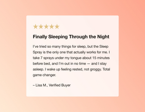 Product review for a sleep spray with a five-star rating on a peach background