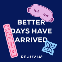 Rejuvia magnet with pink eye mask and blue flower logo on a dark blue background