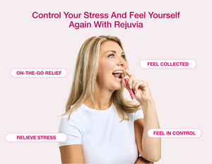 Woman using a product with text about stress relief and control on a pink background
