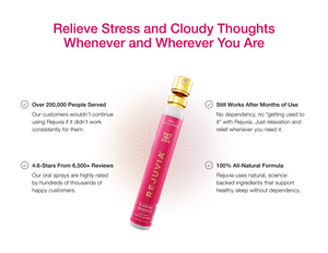 Pink Rejuvia oral spray with text about stress relief and customer testimonials on a white background.