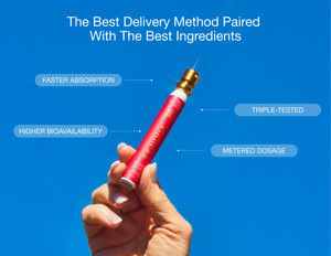 Red Rejuvia spray held in a hand with promotional text on a blue background