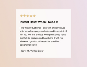 Product review with five stars on a light pink background