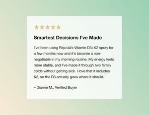 Product review for Rejuvia's Vitamin D3+K2 spray on a gradient background