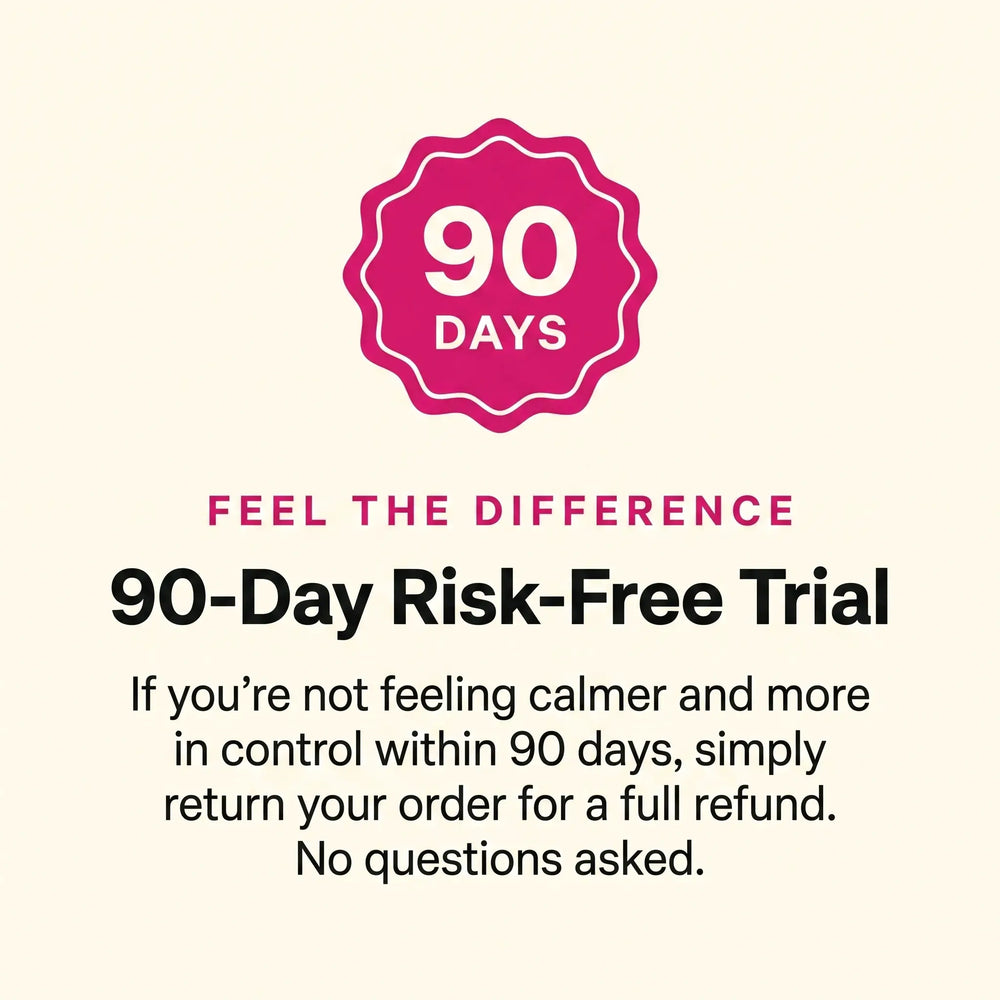 Promotional graphic on a light cream background with a pink scalloped badge reading '90 DAYS' and text below that says 'FEEL THE DIFFERENCE 90-Day Risk-Free Trial' and a refund clause.