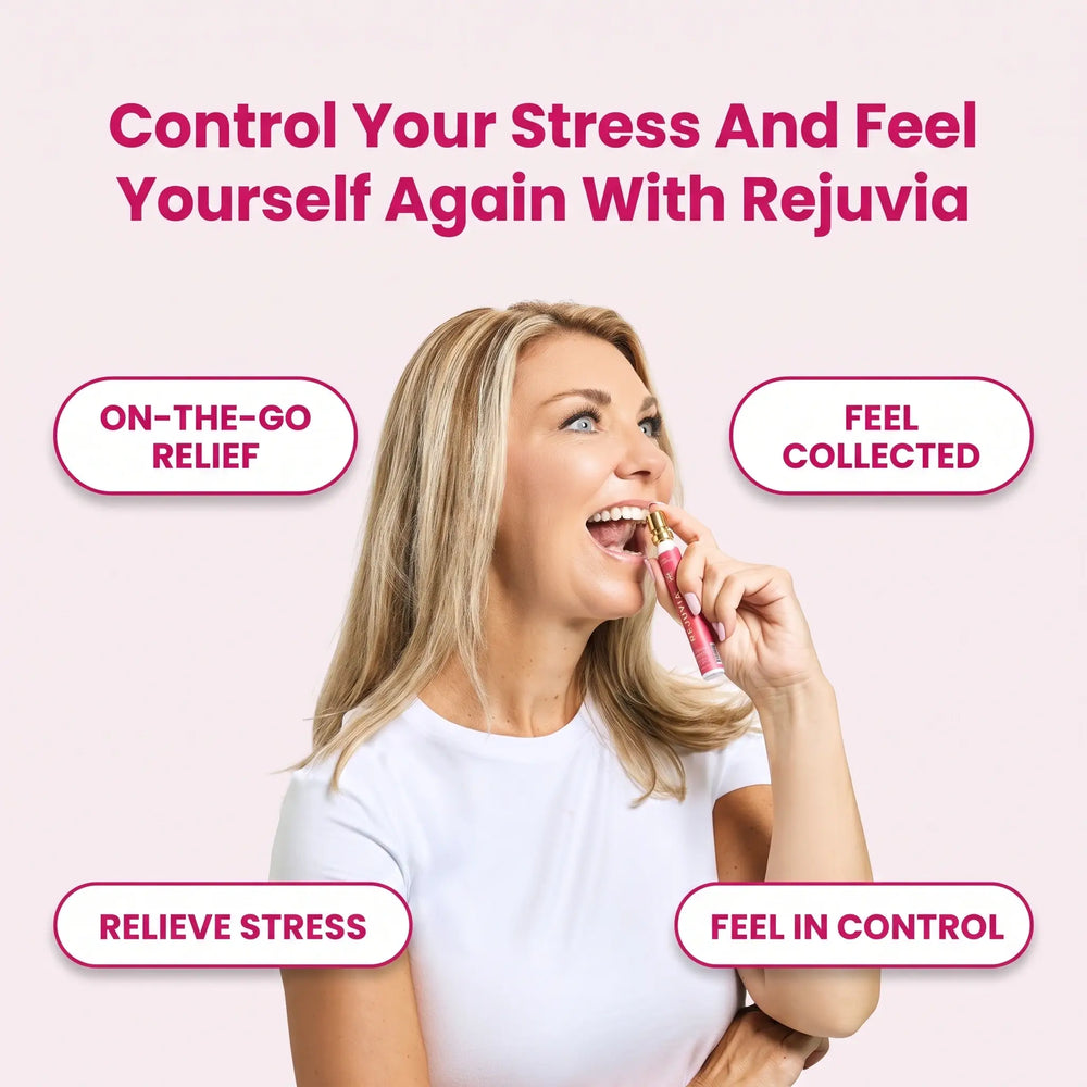 A promotional graphic with a smiling blonde woman applying lip balm, surrounded by pink text badges reading 'ON-THE-GO RELIEF,' 'FEEL COLLECTED,' 'RELIEVE STRESS,' and 'FEEL IN CONTROL,' with the headline 'Control Your Stress And Feel Yourself Again With Rejuvia.'.