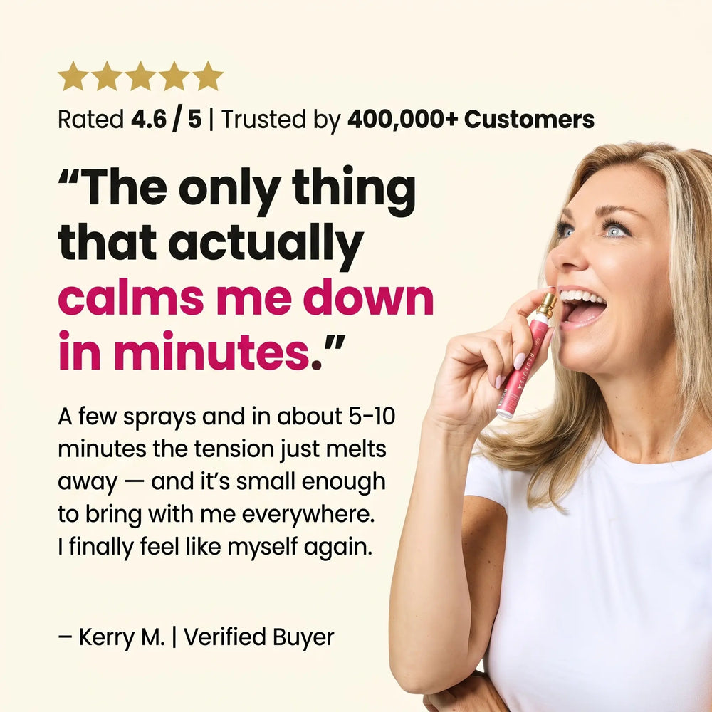 A promotional testimonial graphic with a smiling blonde woman applying lip balm on the right, large review text on the left, and a cream background. The text reads: 'The only thing that actually calms me down in minutes.