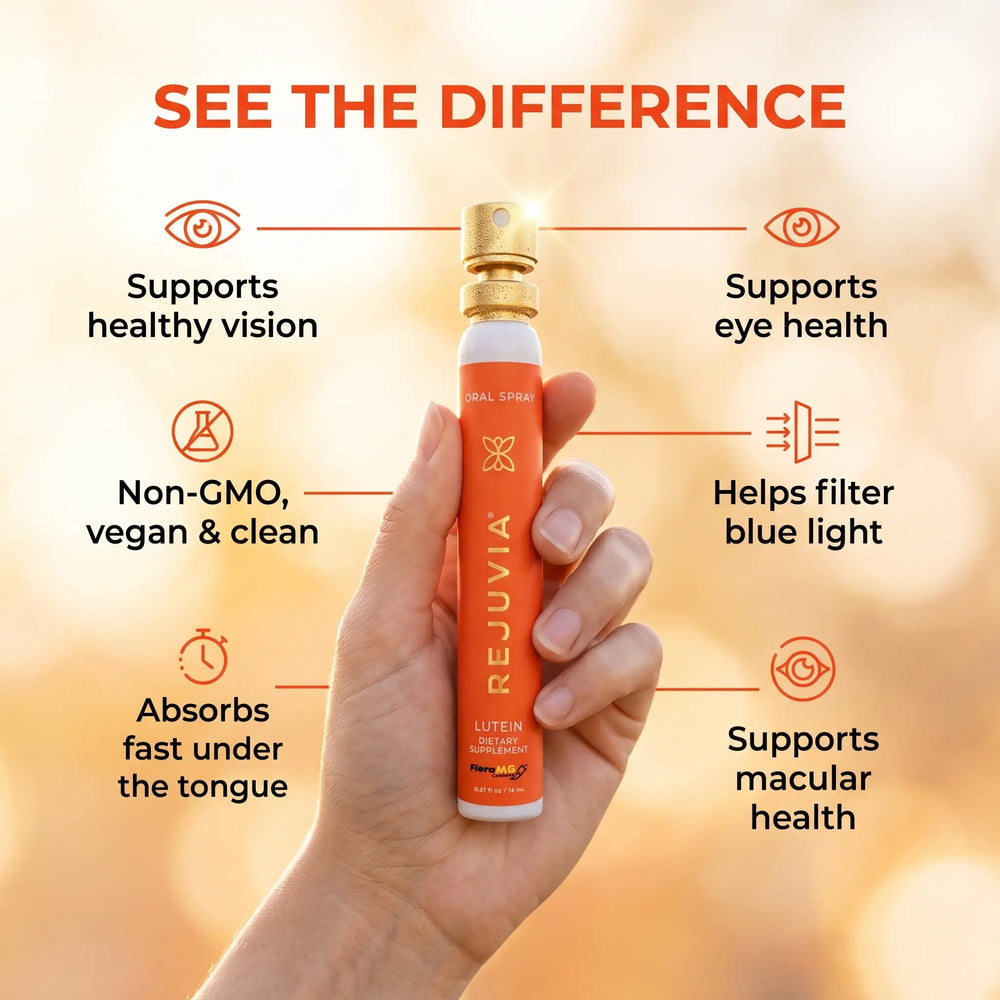 A hand holding a Rejuvia Lutein Oral Spray bottle against a warm, glowing orange background with text callouts about eye health benefits.
