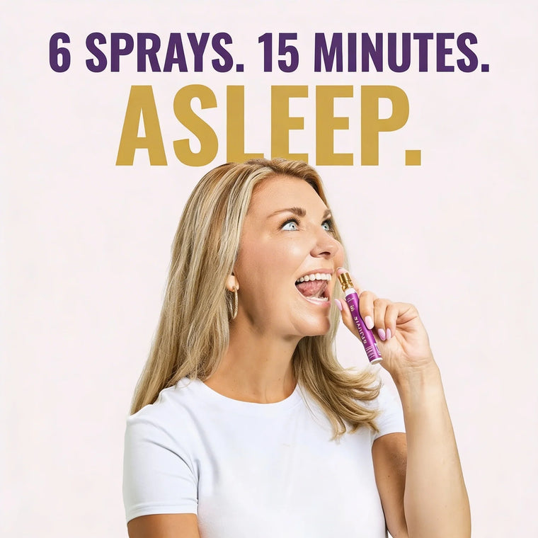 Woman applying a product with text '6 Sprays. 15 Minutes. Asleep.' on a pink background