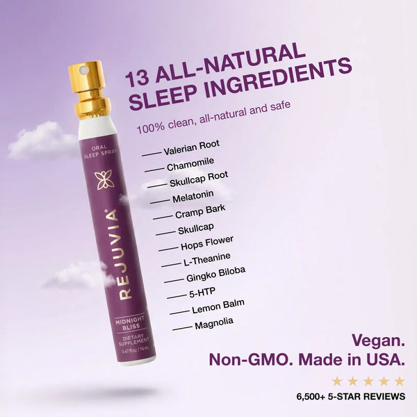 Rejuvia sleep spray with list of ingredients on a purple background