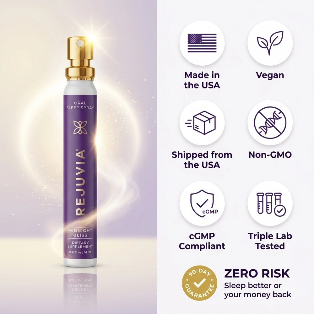 A bottle of Rejuvia Midnight Bliss oral spray supplement shown on the left, with feature callouts on the right including Made in the USA, Vegan, Shipped from the USA, Non-GMO, cGMP Compliant, Triple Lab Tested, and Zero Risk.